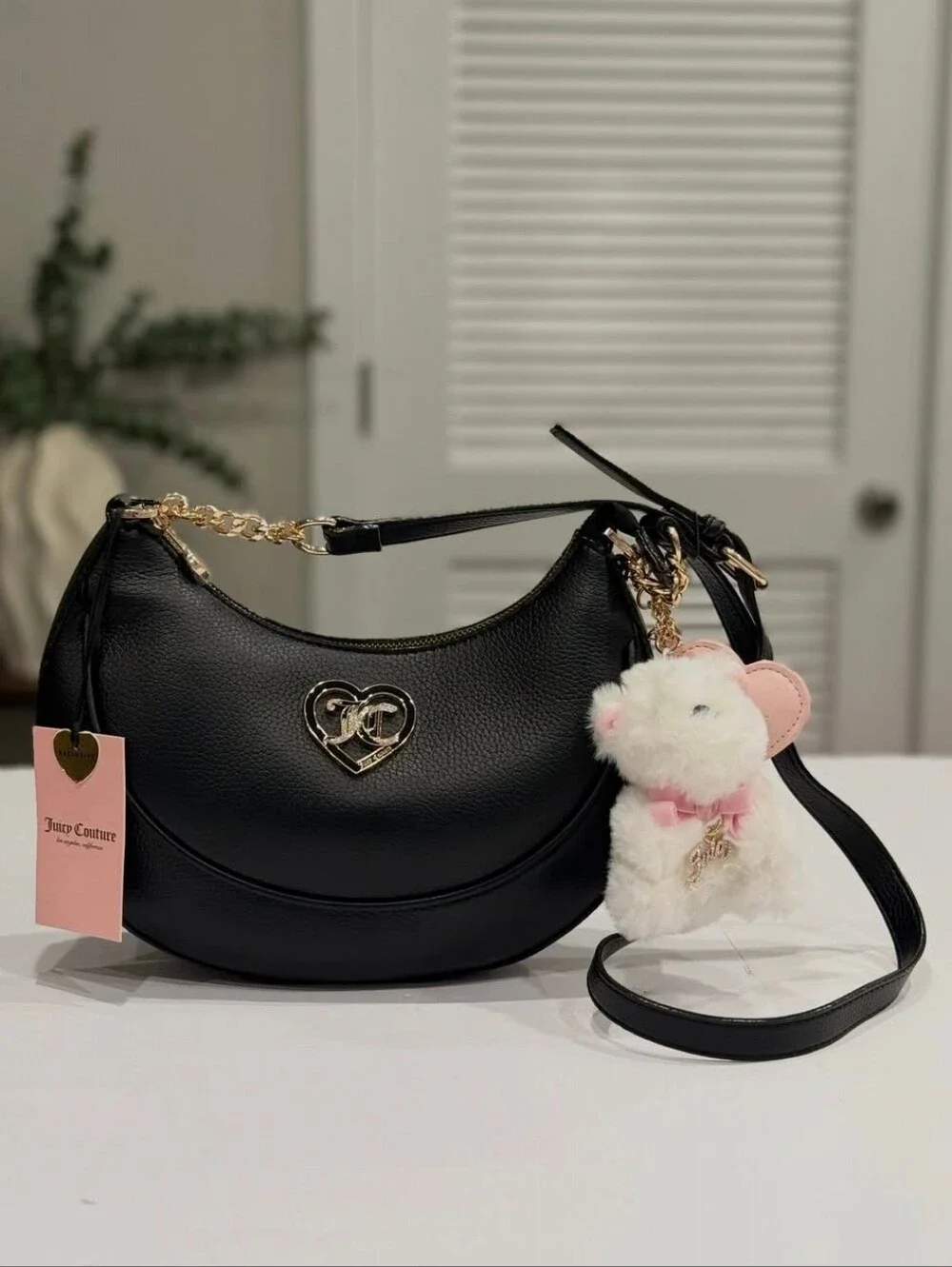 Juicy Couture Black Crescent Shoulder Bag with Plush Charm